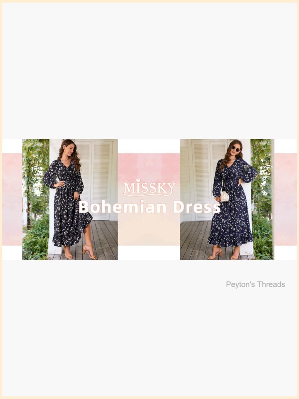 V Neck Boho Floral Print Maxi Dress Wedding Guest Flowy Bohemian Long Sleeve - Picture 7 of 7